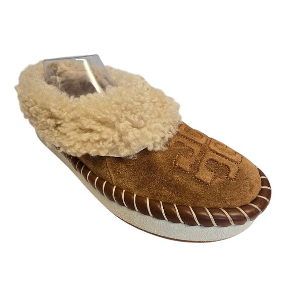 Tory Burch Suede Shearling Shoe Slipper Logo Emblem Tan Camel Rubber Sole 8.5 - Picture 1 of 10